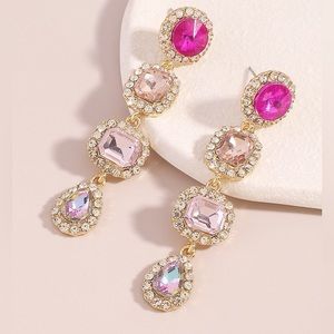4-Tiered Long Tassel Pink Crystal Drop Earrings- NWT